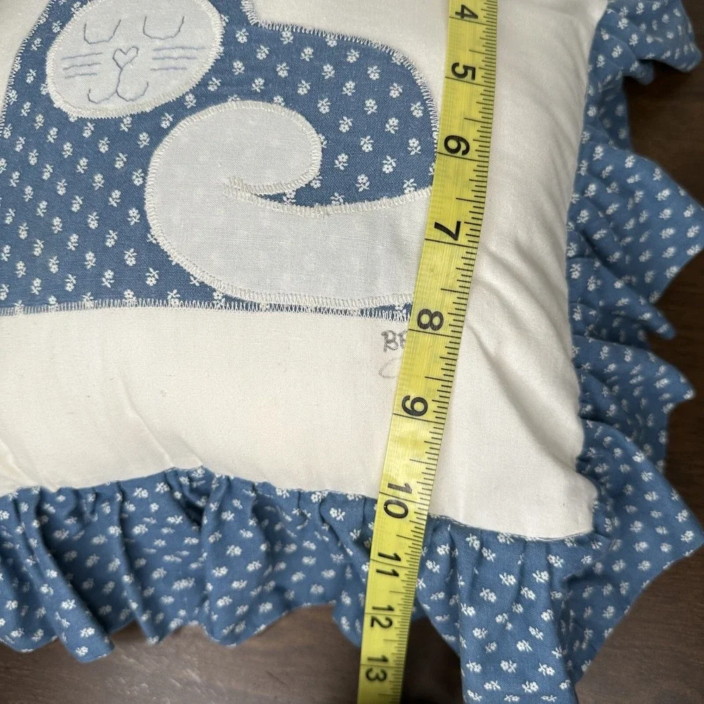 Vintage Quilt Cat Throw Pillow Blue Ruffle Grannycore Embroidered Handmade Kitty